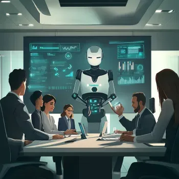 A futuristic office where humans and robots collaborate on tasks.