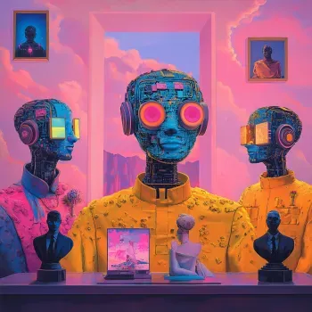 A futuristic art gallery featuring AI-generated and human-made artwork.