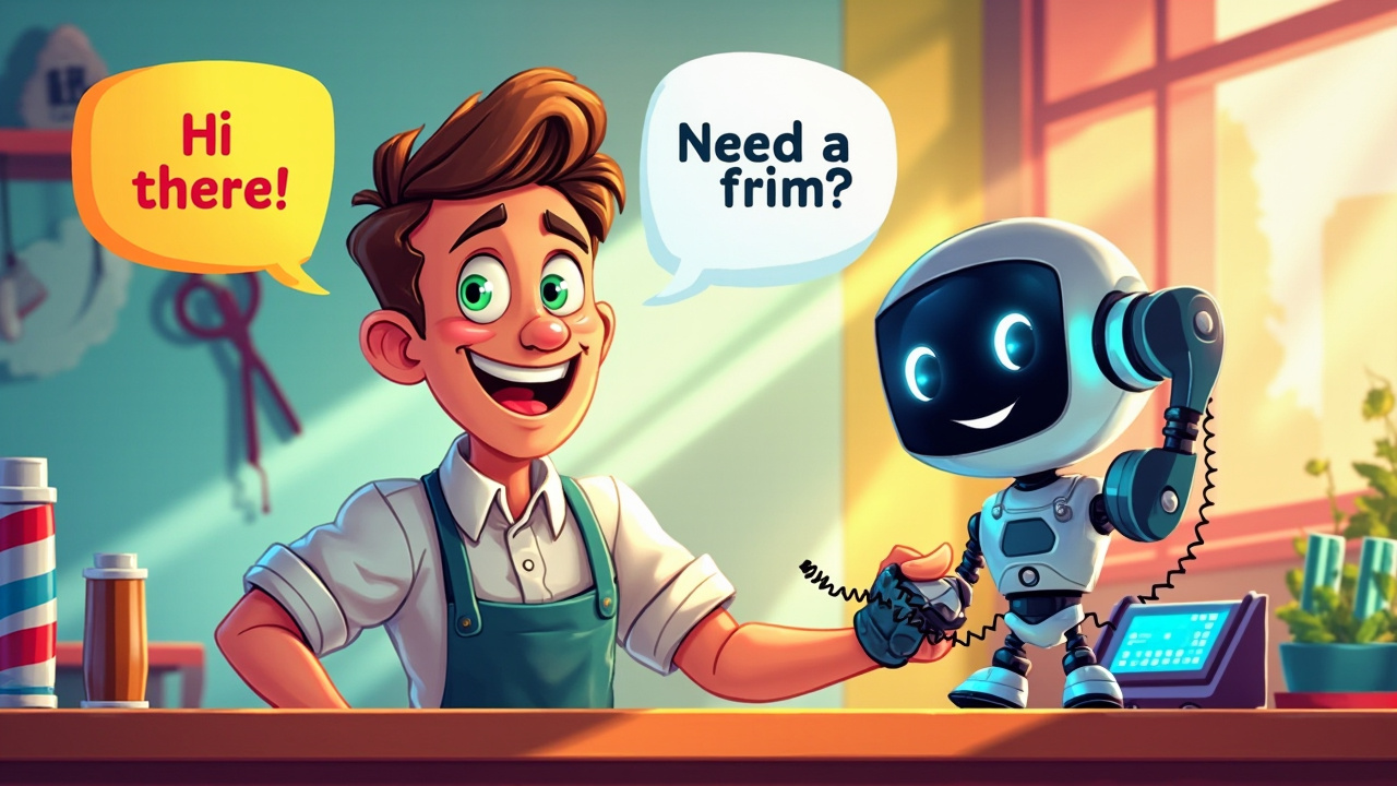 Cartoon AI receptionist helping a modern barber answer phone calls and book appointments