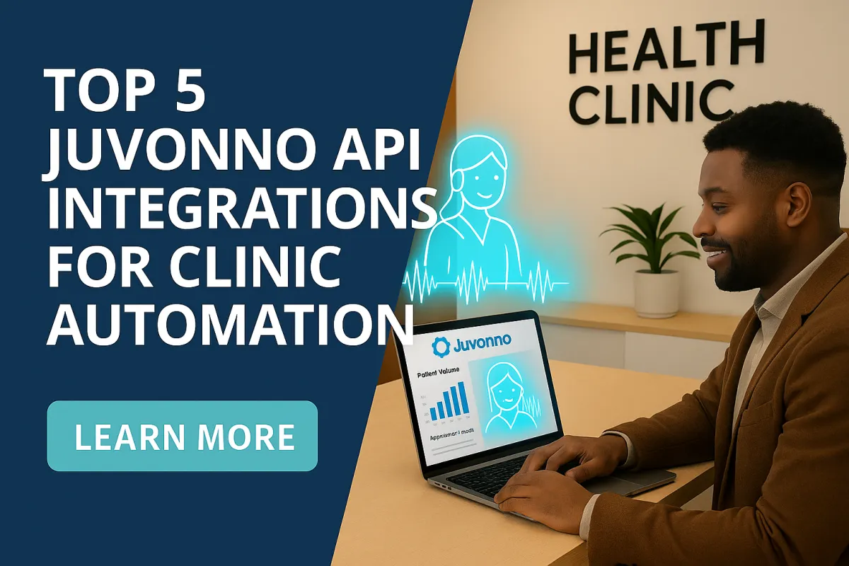 Promotional banner image for an article titled “Top 5 Juvonno API Integrations for Clinic Automation.” On the right, a smiling healthcare administrator of color works on a laptop displaying Juvonno dashboards with patient volume and appointment data, alongside a glowing AI receptionist hologram. On the left, bold text highlights the article title with a teal “Learn More” button.