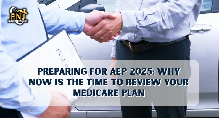 Business deal or agreement signed for Medicare coverage. Agent and client handshake after reviewing a PNJ Financial Solutions insurance plan for AEP 2025.