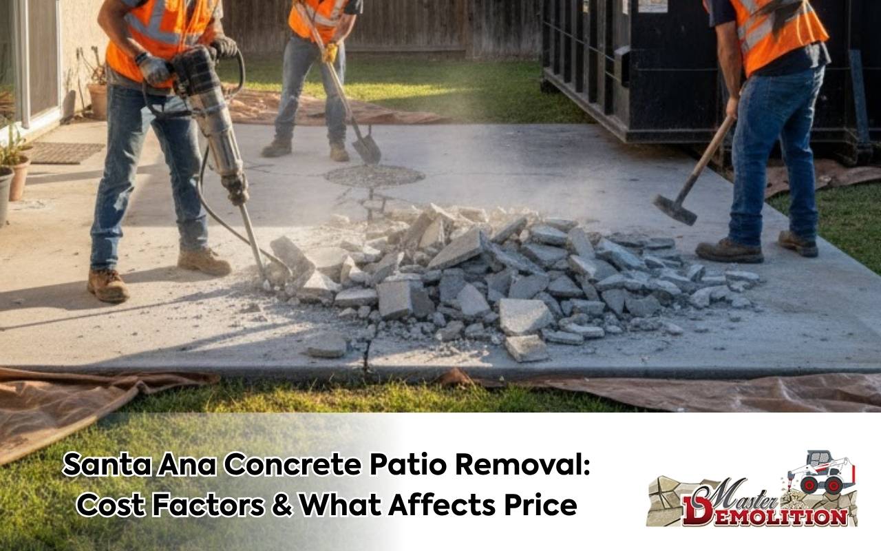 Dump truck hauling broken concrete and showing how dump fees impact Concrete Patio Removal Cost Santa Ana