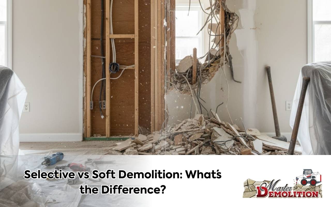 Contractors performing Selective vs Soft Demolition Explained on interior walls during a tenant improvement project