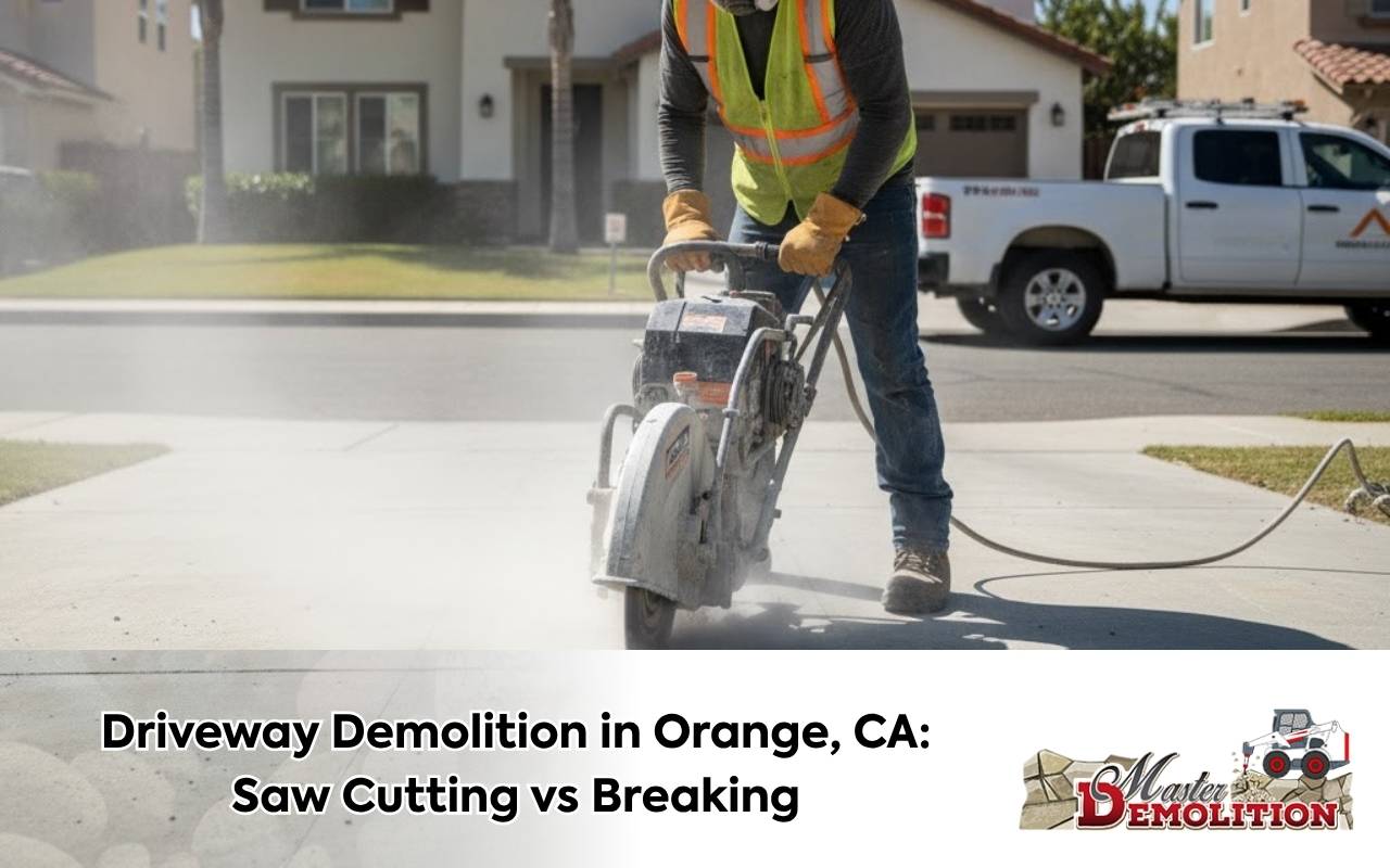 Saw cutting during Driveway Demolition Methods Orange CA for precise edges and low vibration