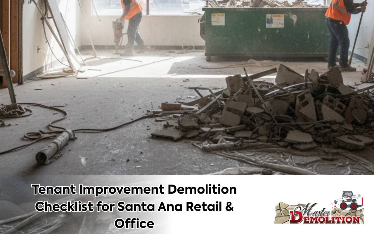 Staging area set up for TI Demolition Checklist Santa Ana with tools, debris bins, and clear protection paths