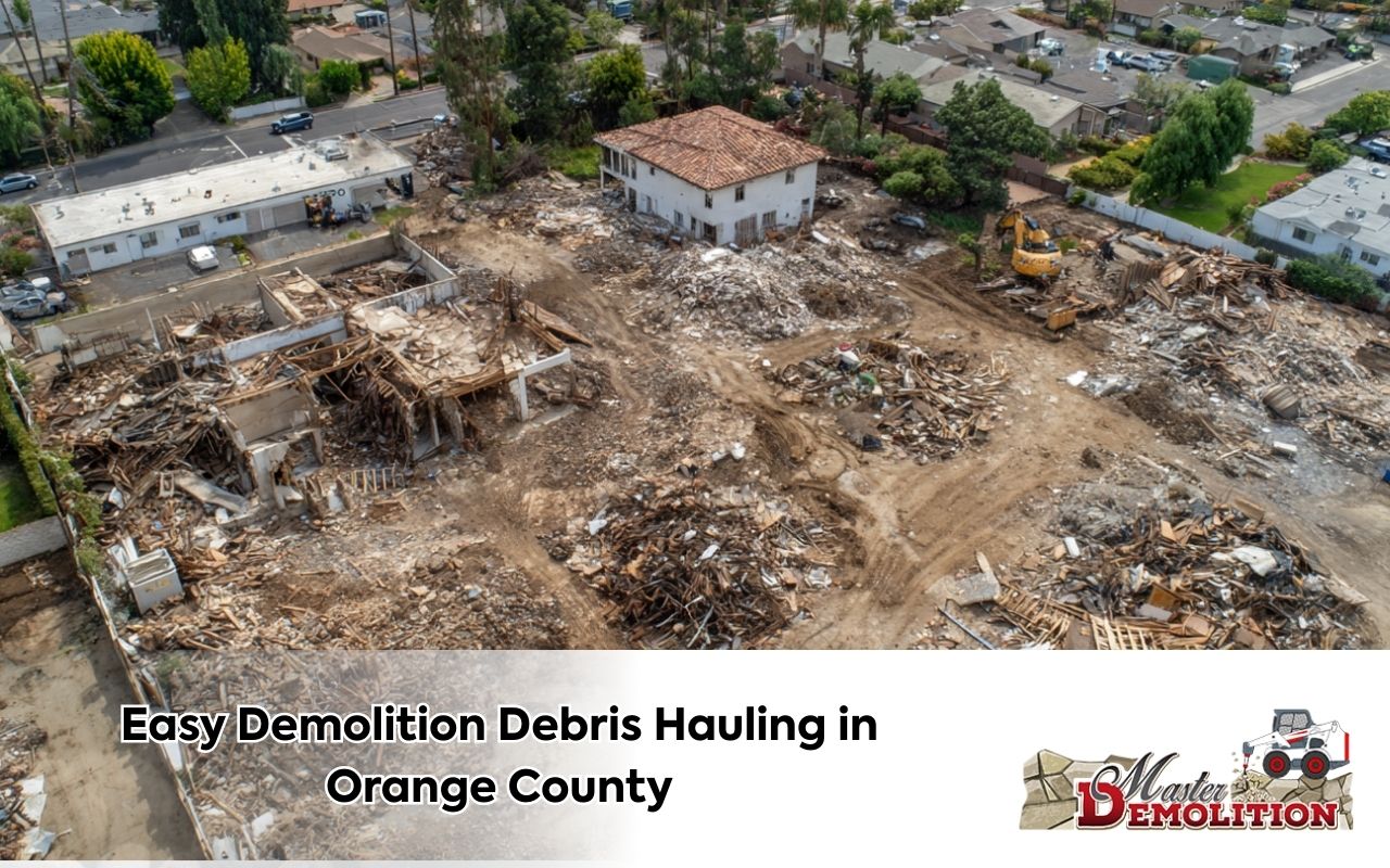 Demolition Debris Hauling in Orange County with organized piles for recycling and disposal