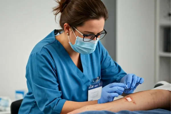 Healthcare professional assessing a patient's wound