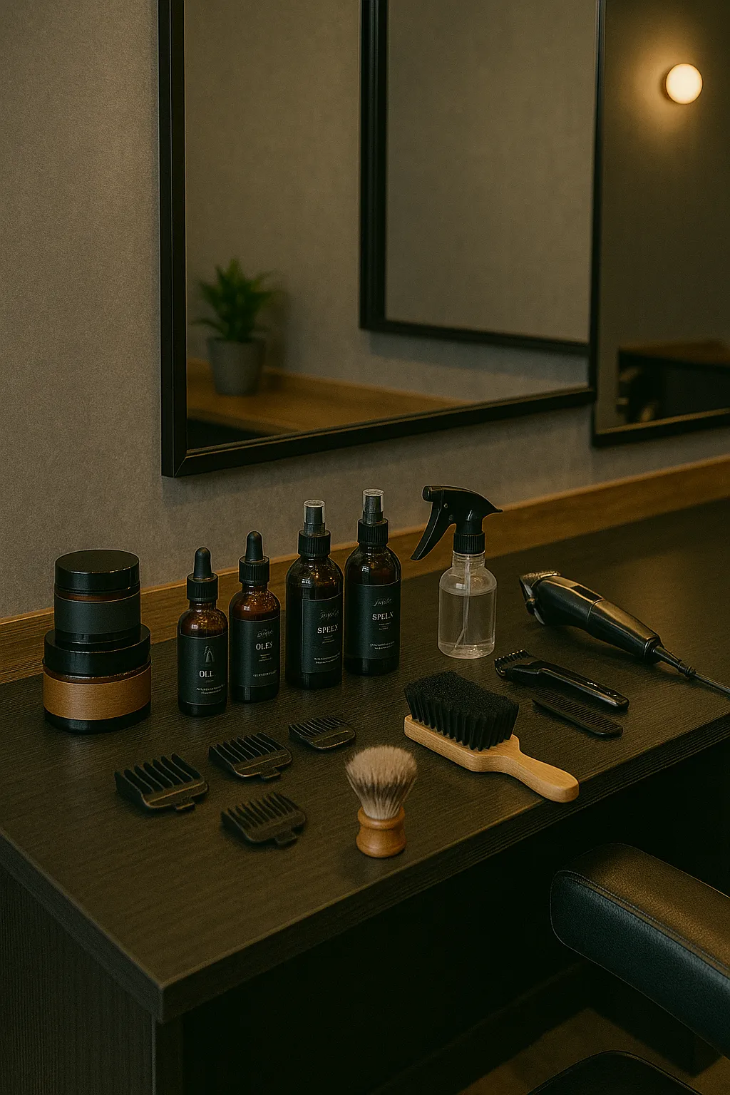 a desk displaying hair and grooming products 