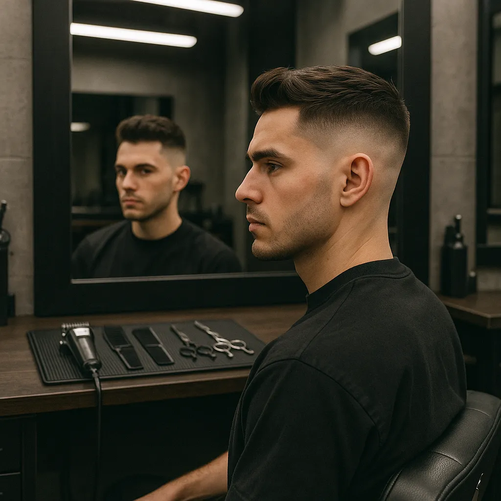 Stylish young man with a fresh skin fade haircut sitting in a modern UK barbershop, looking confidently into the mirror with barber tools like clippers, combs, and scissors neatly arranged on the counter.