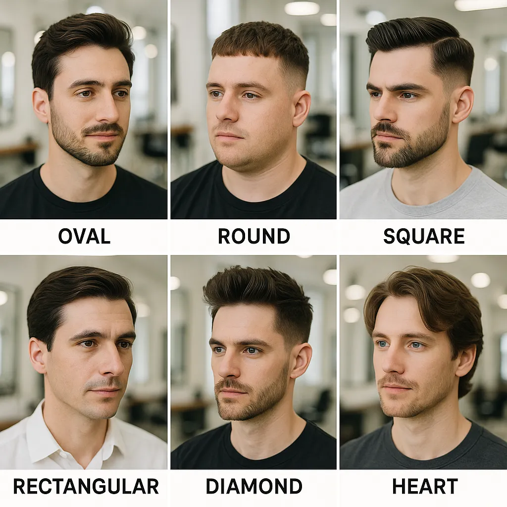 Examples of the best men’s haircuts for different face shapes including oval, round, square, and diamond, shown at a modern Luton barbershop
