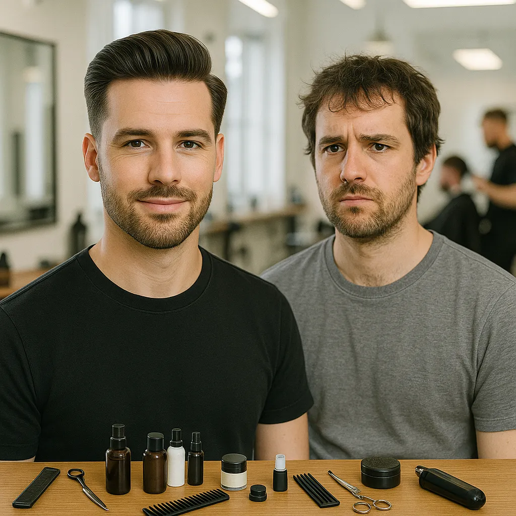 Side-by-side examples of well-groomed and poorly groomed men in a modern barbershop, showing common grooming mistakes like uneven beard and unkempt hair.