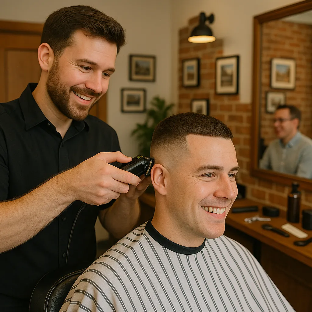 Barber giving a sharp skin fade in a local Luton barbershop with a warm, personalised atmosphere, showing the difference between local and chain haircut experiences.