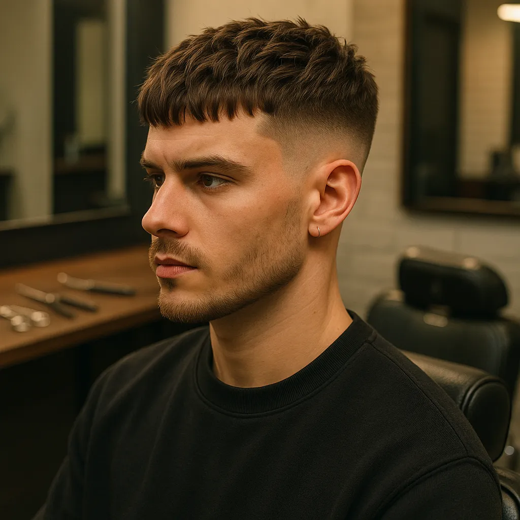 Man with a textured crop haircut and sharp skin fade sitting in a modern Luton barbershop, showing choppy layered top and fringe with professional barber tools in the background.