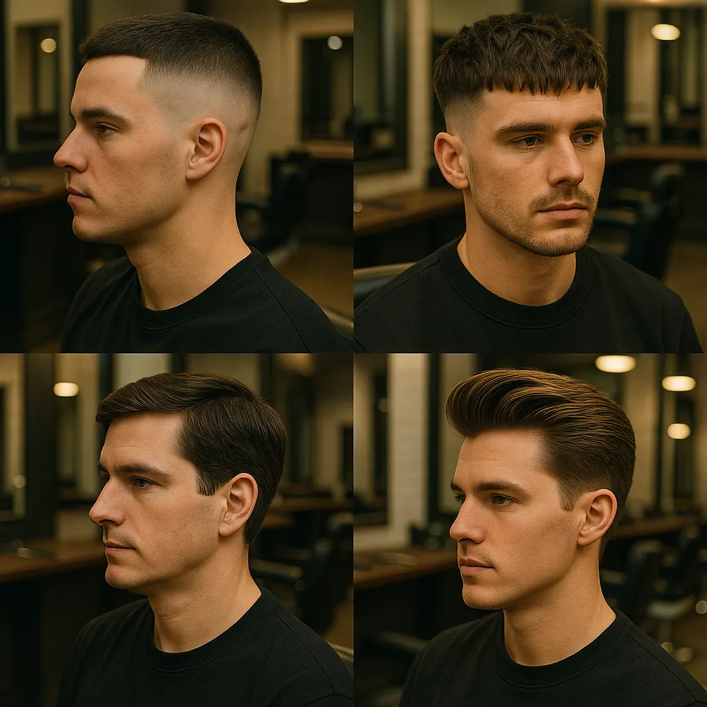 Collage of men’s haircuts including a skin fade, textured crop, scissor cut, and pompadour inside a modern Luton barbershop.