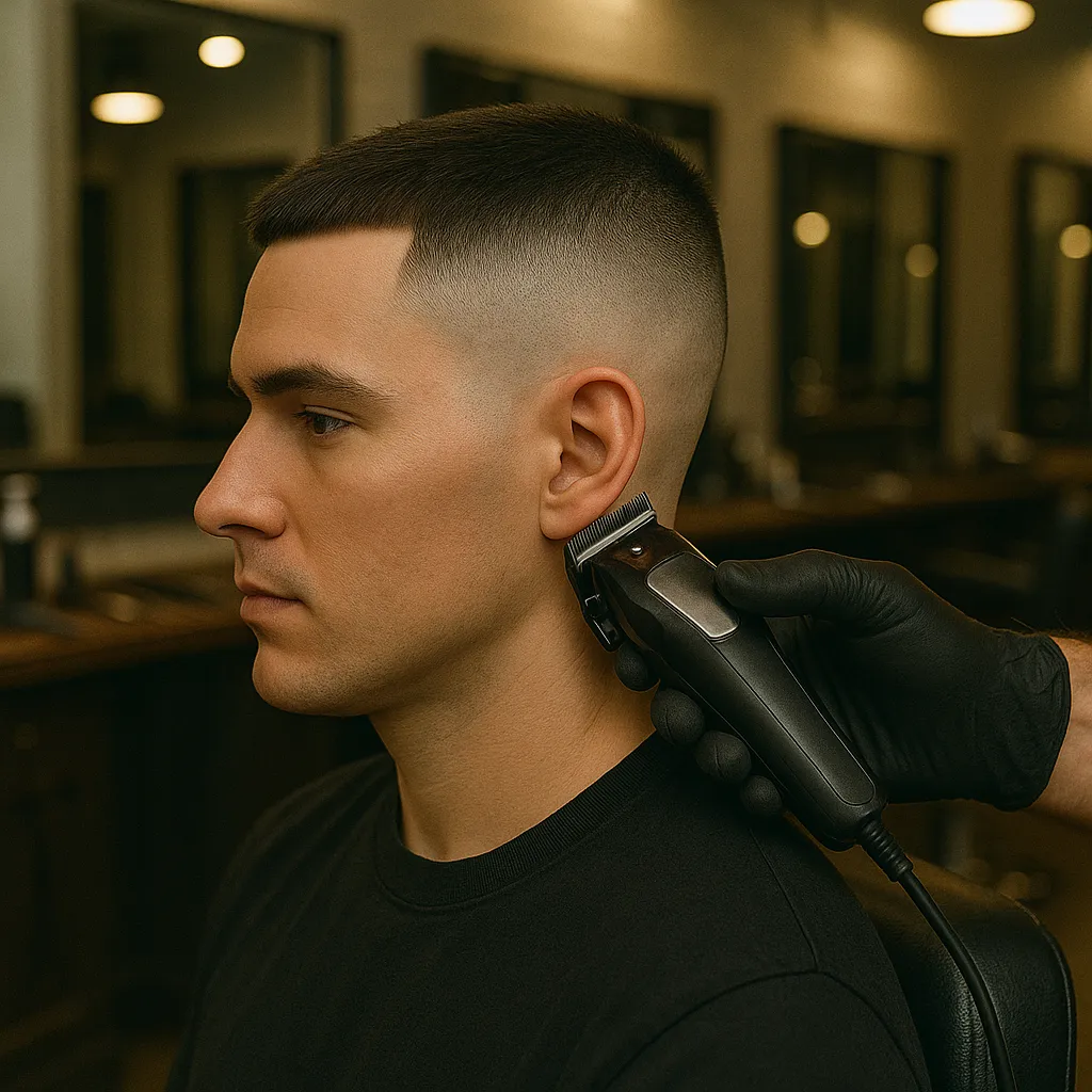 Man getting a high skin fade haircut in a modern Luton barbershop, showing smooth blend from shaved skin to longer hair on top.