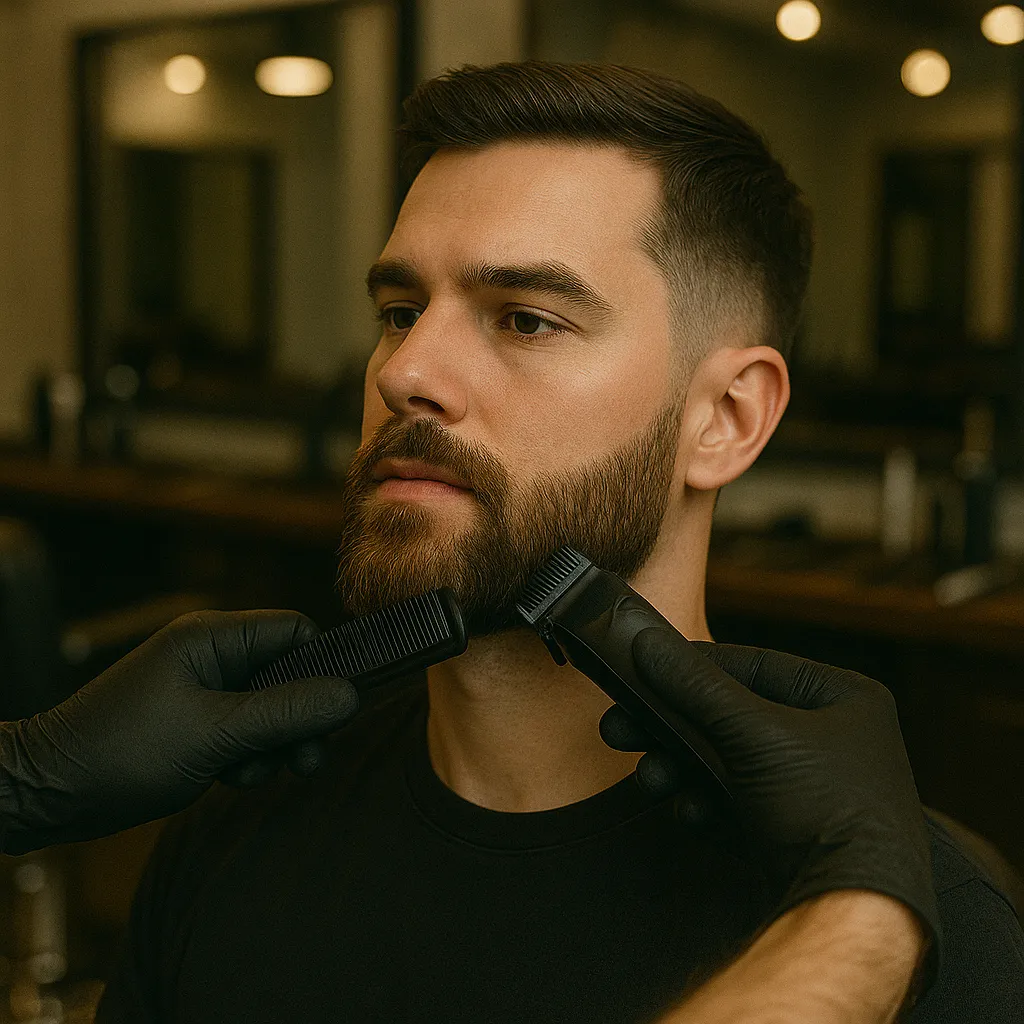 Man receiving a precise beard trim in a modern Luton barbershop, with sharp cheek lines and a clean neckline being shaped by a barber.