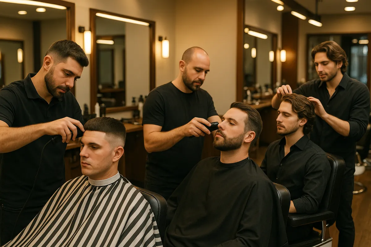 Walk-in customer entering a modern Luton barbershop while another client gets a haircut, showing a friendly and welcoming atmosphere.
