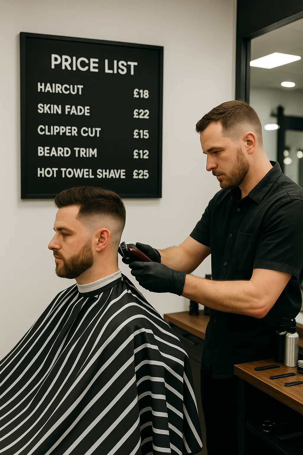 Barber giving a fade haircut in a modern Luton barbershop with a visible price list board in the background