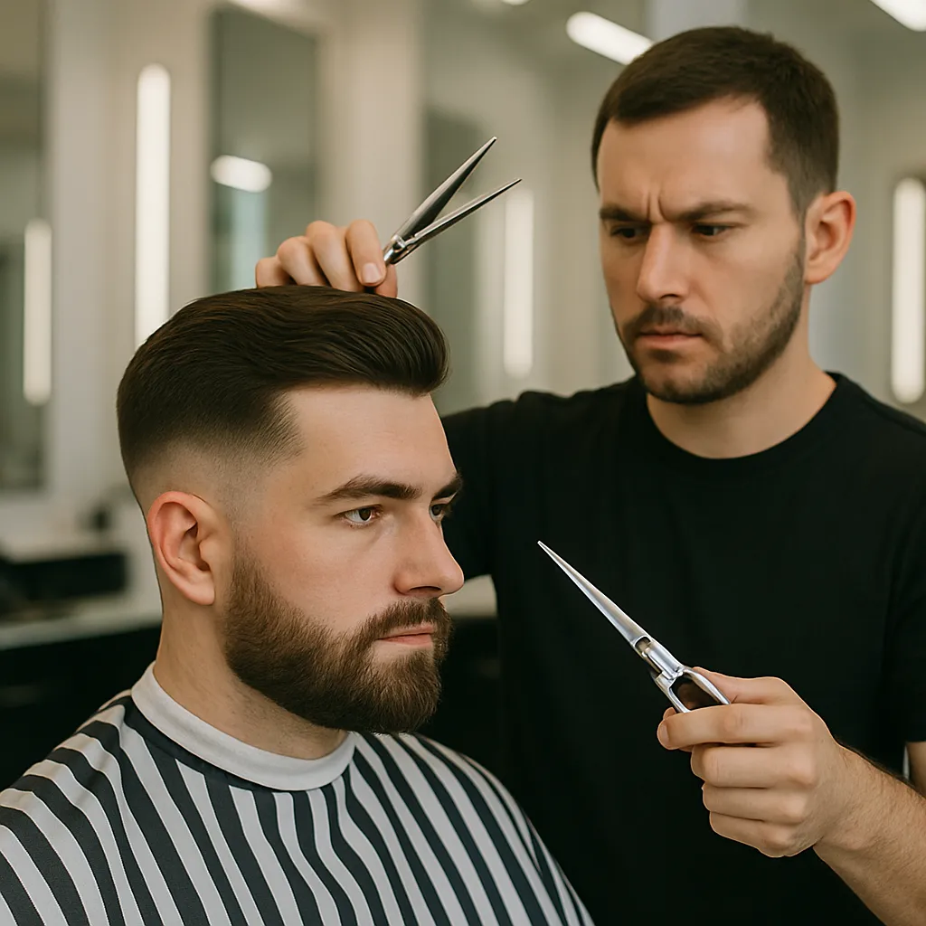 Man receiving a precise haircut in a modern barbershop near Leagrave, showing professional styling and clean blended results