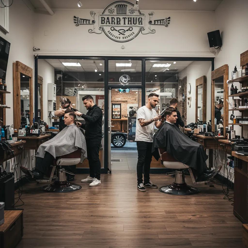 Modern barbershop in Luton with a barber cutting a client's hair, showcasing a lively atmosphere
