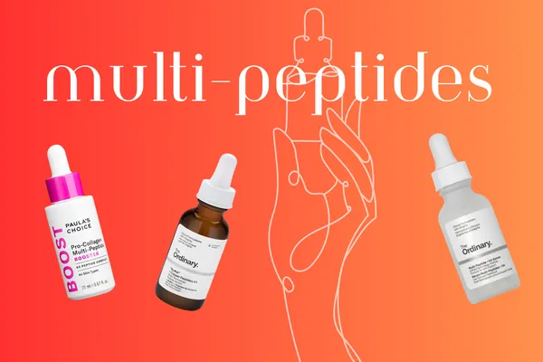 Title saying multi-peptide with stencil of a hand holding a serum bottle.