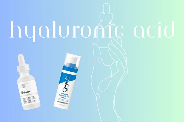 Title saying hyaluronic acid with stencil of a hand holding a serum bottle with gradient green and blue background