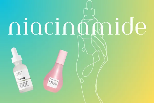 Woman hand holding a bottle of The Ordinary Niacinamide Serum with a green ivy background.