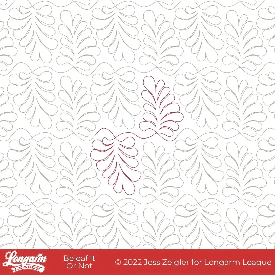 Organic quilting design with wide leaves with feathered blades connected to a wavy line and alternating on top and below the line.