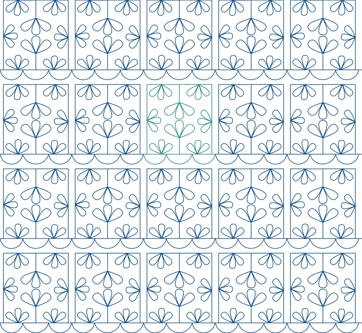 Organic quilting design with floral shapes around the insight of a square, with each row separated by scallops.