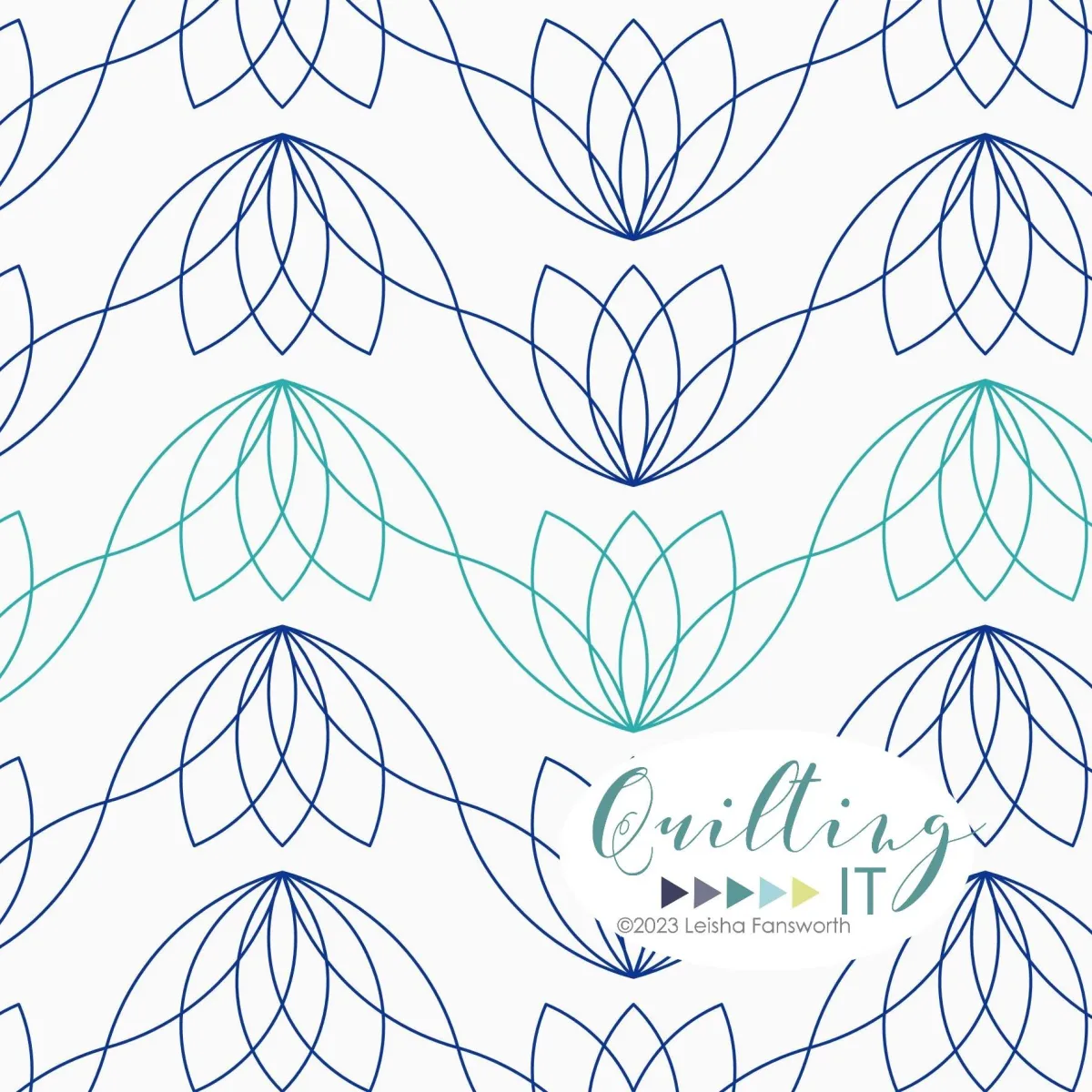 Modern quilting design with orange blossom shapes creating a lotus blossom shape arranged in structured rows and alternating directions.