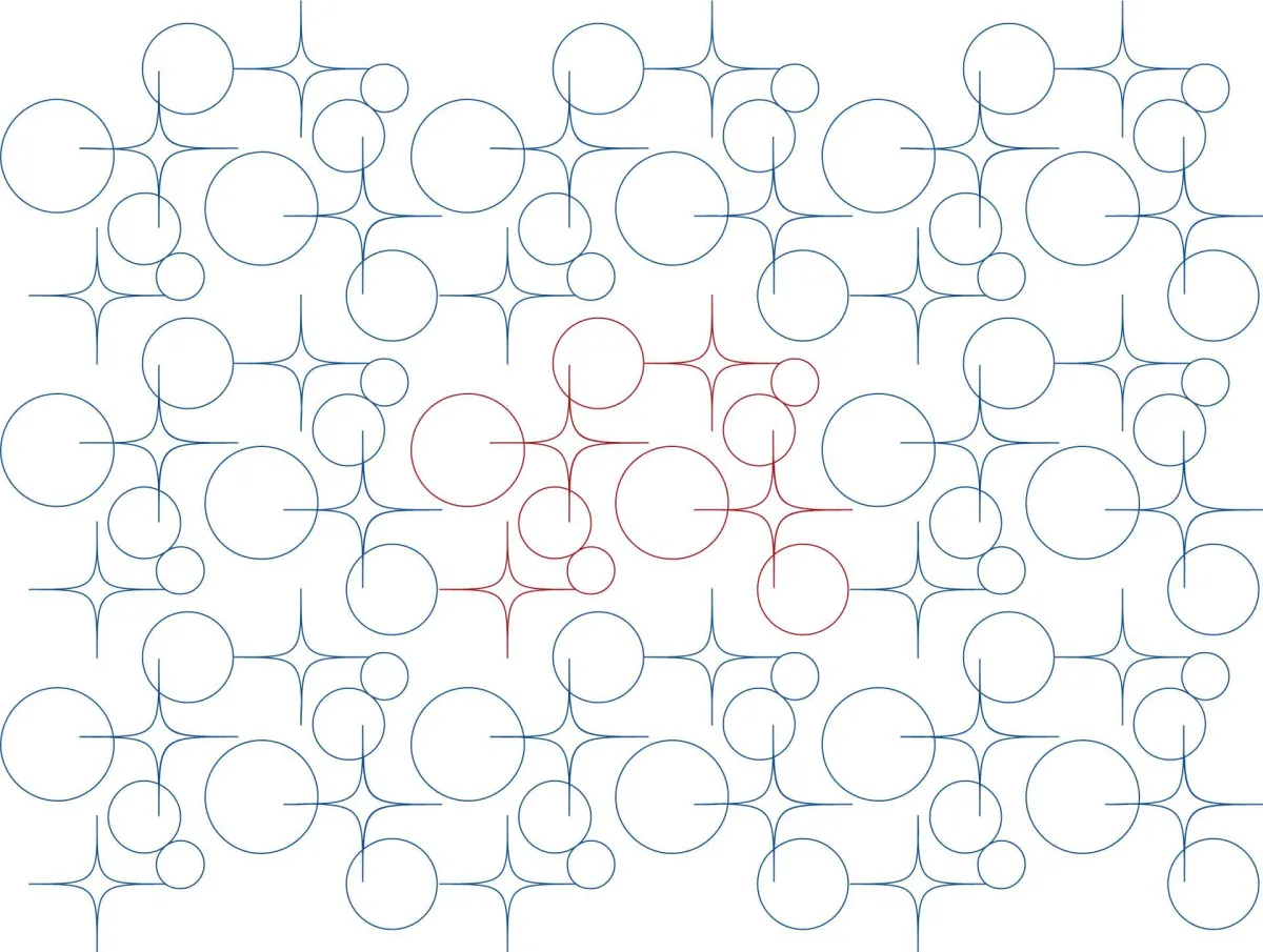 Modern quilting design with circles and four-pointed stars in a mid-century modern style.