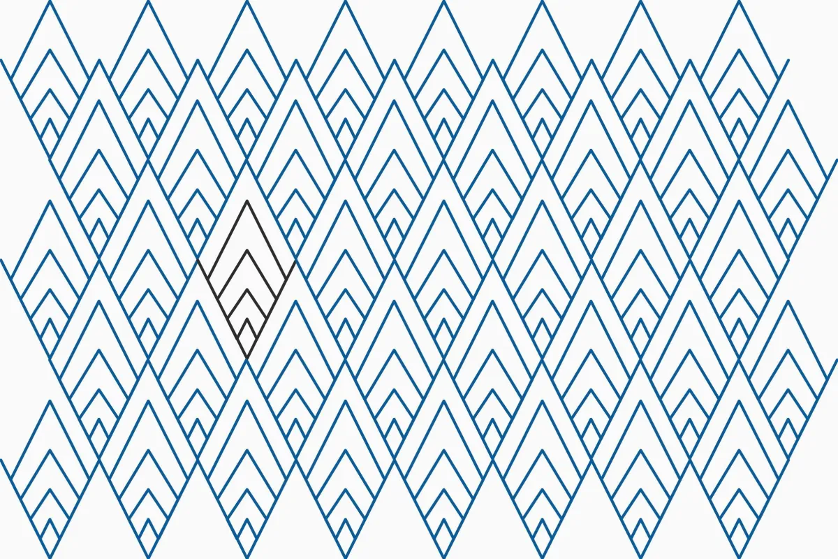 Modern quilting design with small diamond in bottom point of larger diamond, with echoes of small diamond filling the larger diamond.   