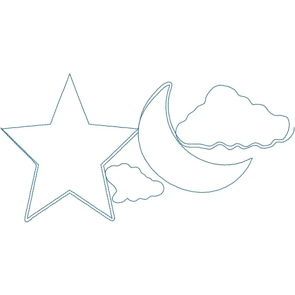 Whimsical quilting design with five-pointed star connected to a crescent moon surrounded by clouds.
