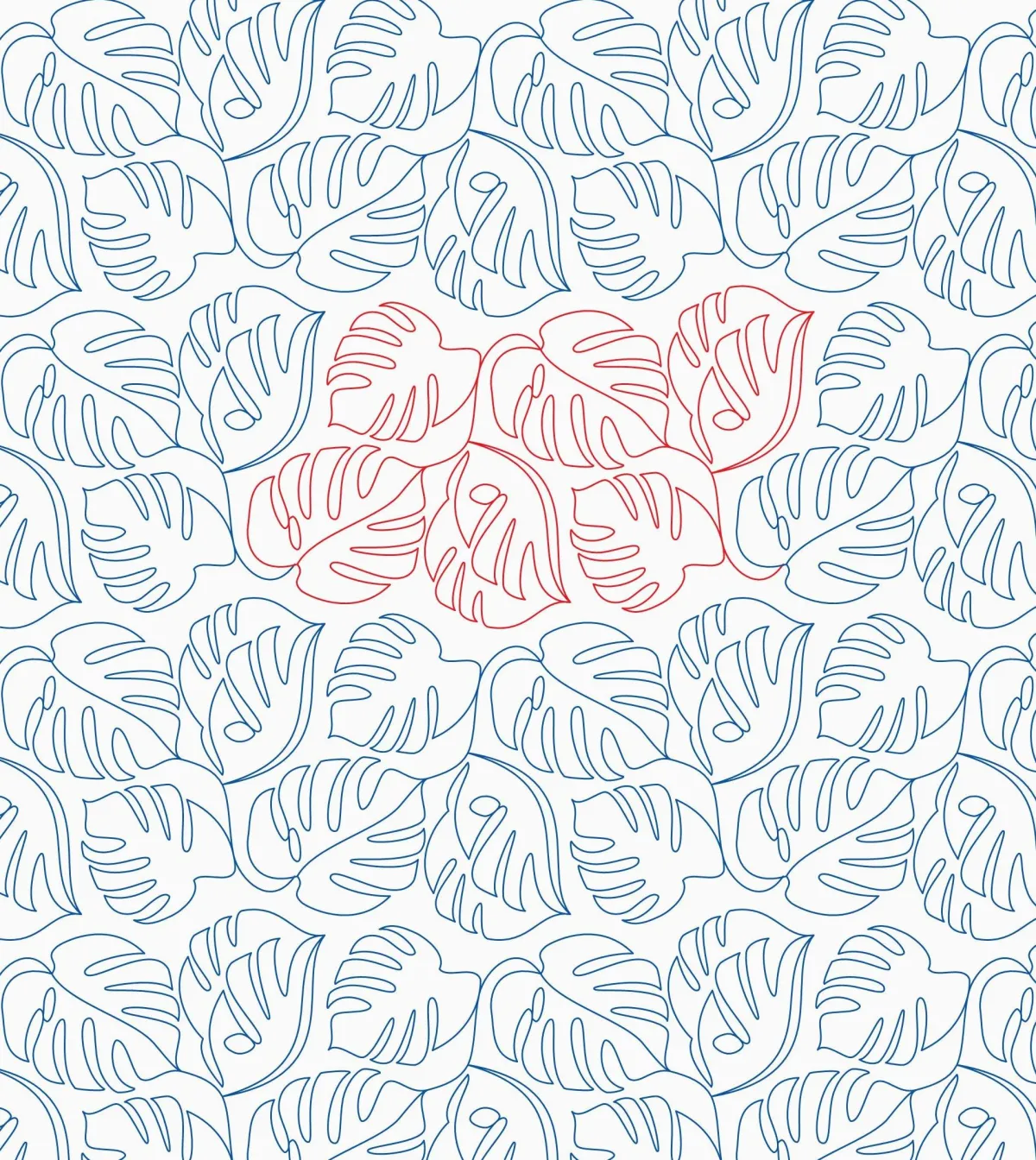 Organic quilting design with a set of six monstera leaves vining off a wavy line in alternating directions.