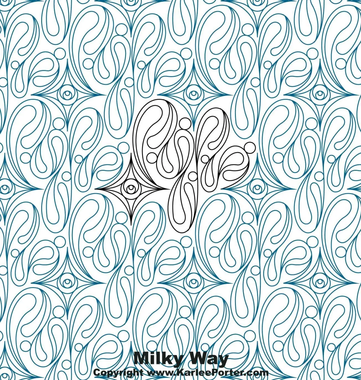 Whimsical quilting design with embellished four-pointed star surrounded by flourishes.