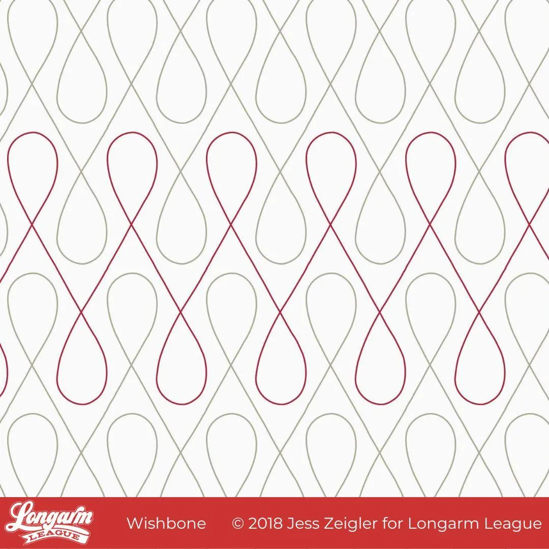 Modern quilting design with open, off-set figure eights, with the top loop of one between the bottom two loops of the previous row.  Rows are offset, creating a diamond with loops effect.