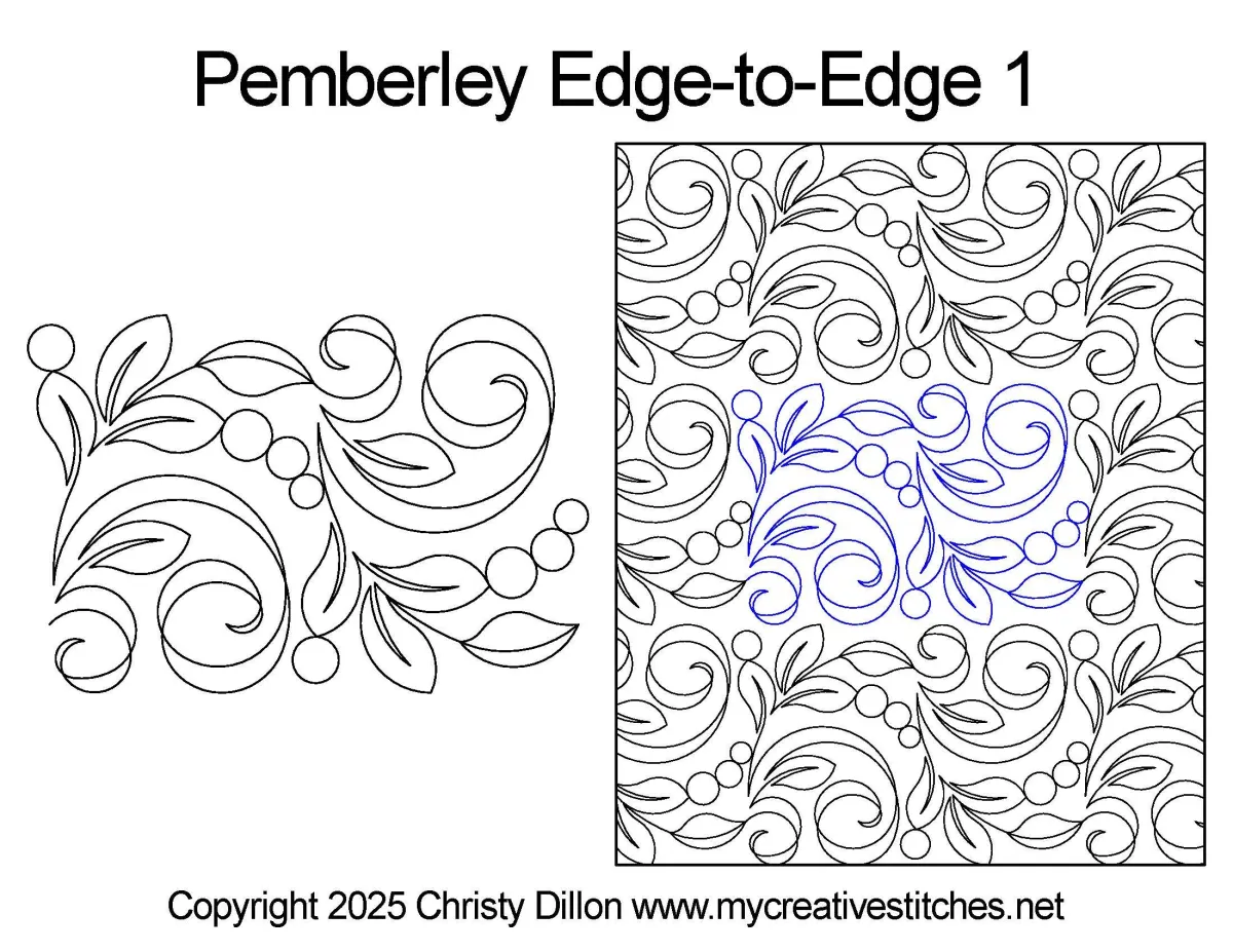 Organic quilting design with curling vines that have leaves and circles circling in alternating directions to form wavy rows.