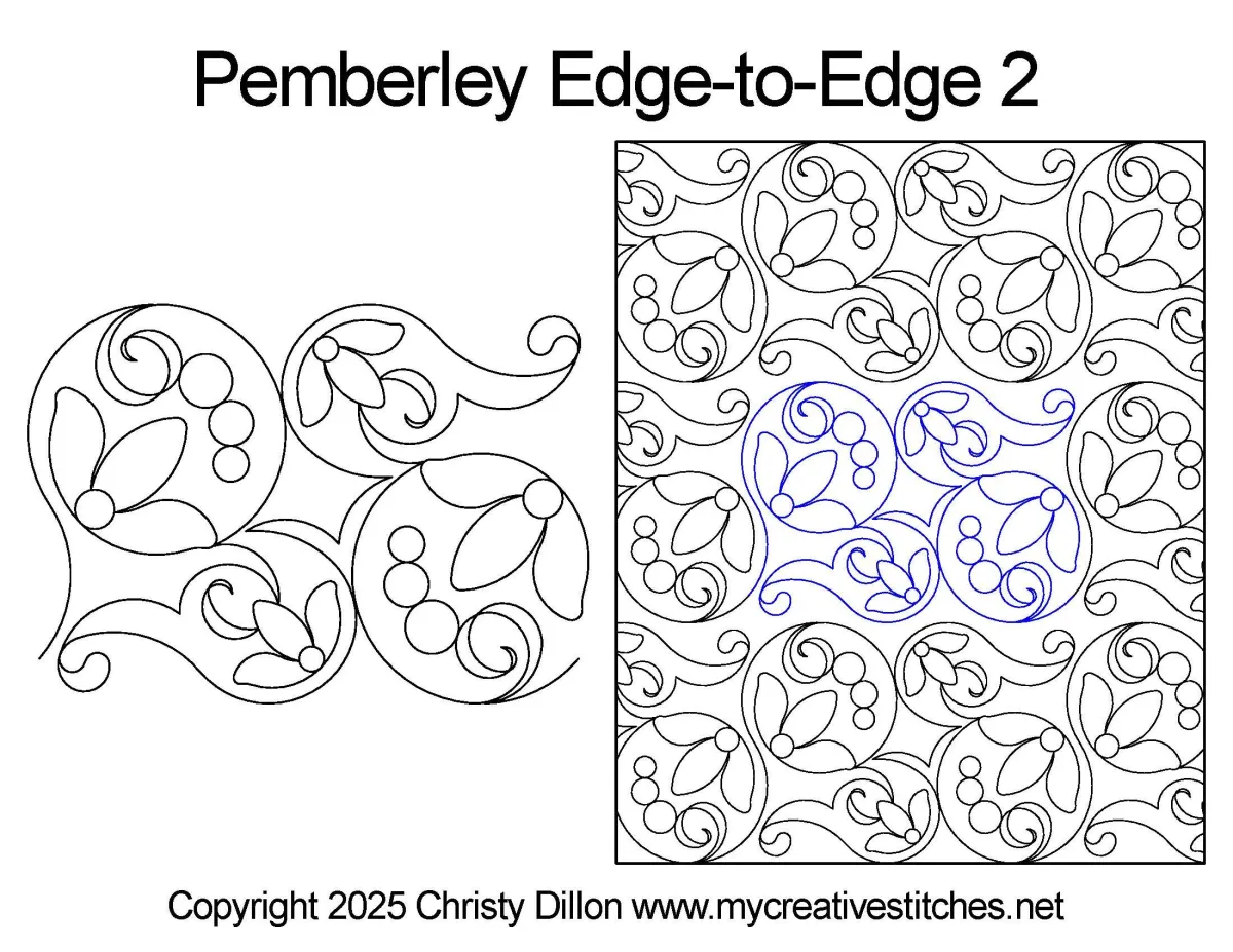 Organic quilting design with vines arranged in circles, with curling leaves, circle accents, and three-petal blossoms inside each circle.