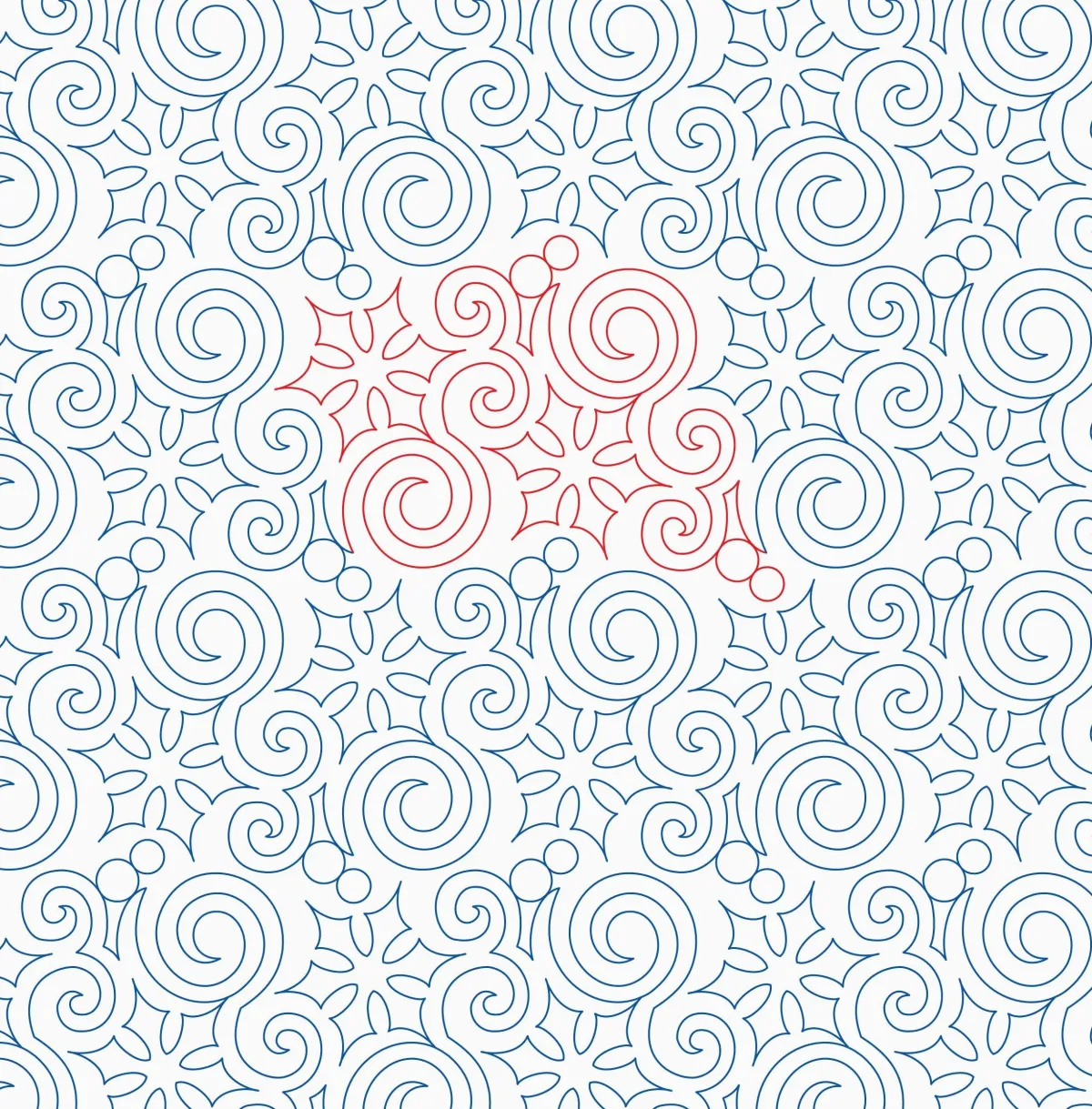 Holiday quilting design with swirls and circles around a graphic snowflake.