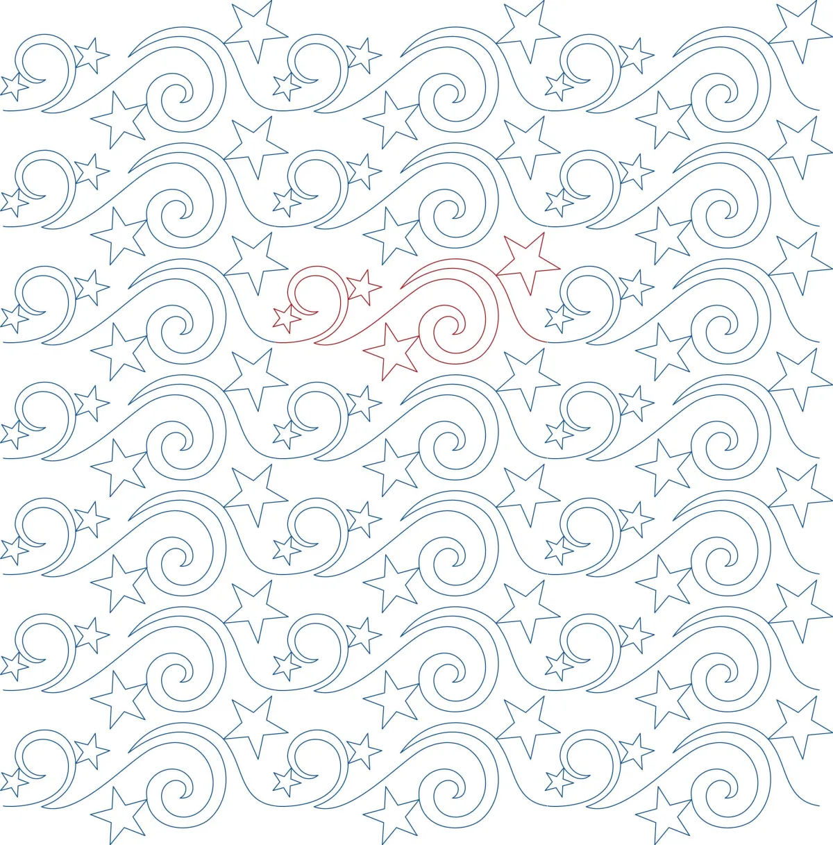 Holiday quilting design with curls and swirls with various sized five-pointed stars.