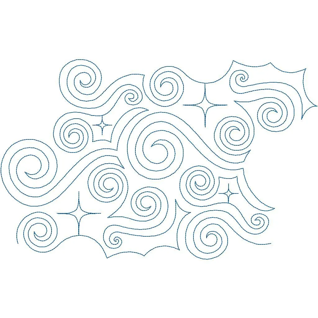 Holiday quilting design with swirls and four-pointed stars, reads as whimsical snow or stars.