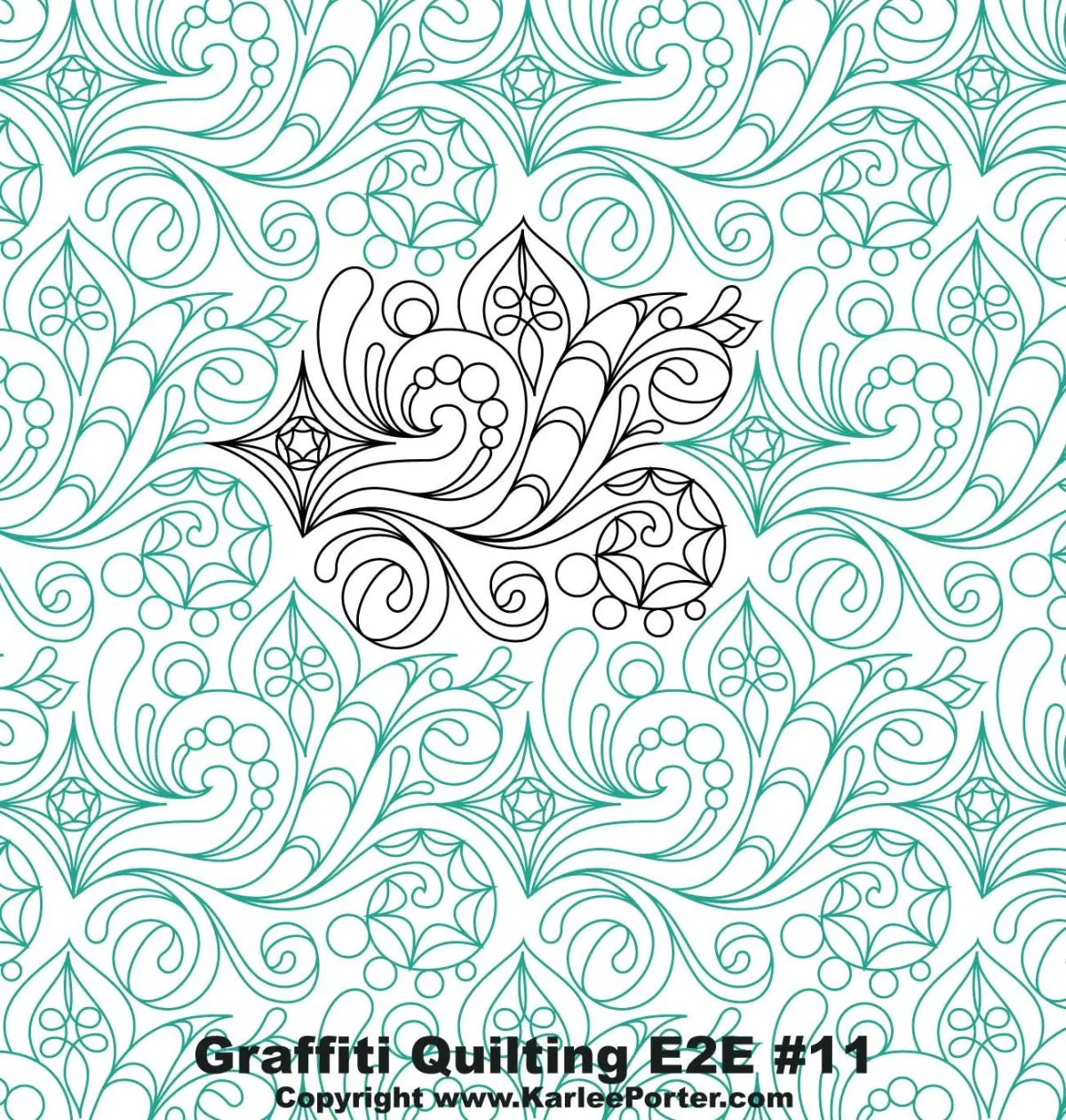 Whimsical quilting design with a four-pointed star surround by flourishes.