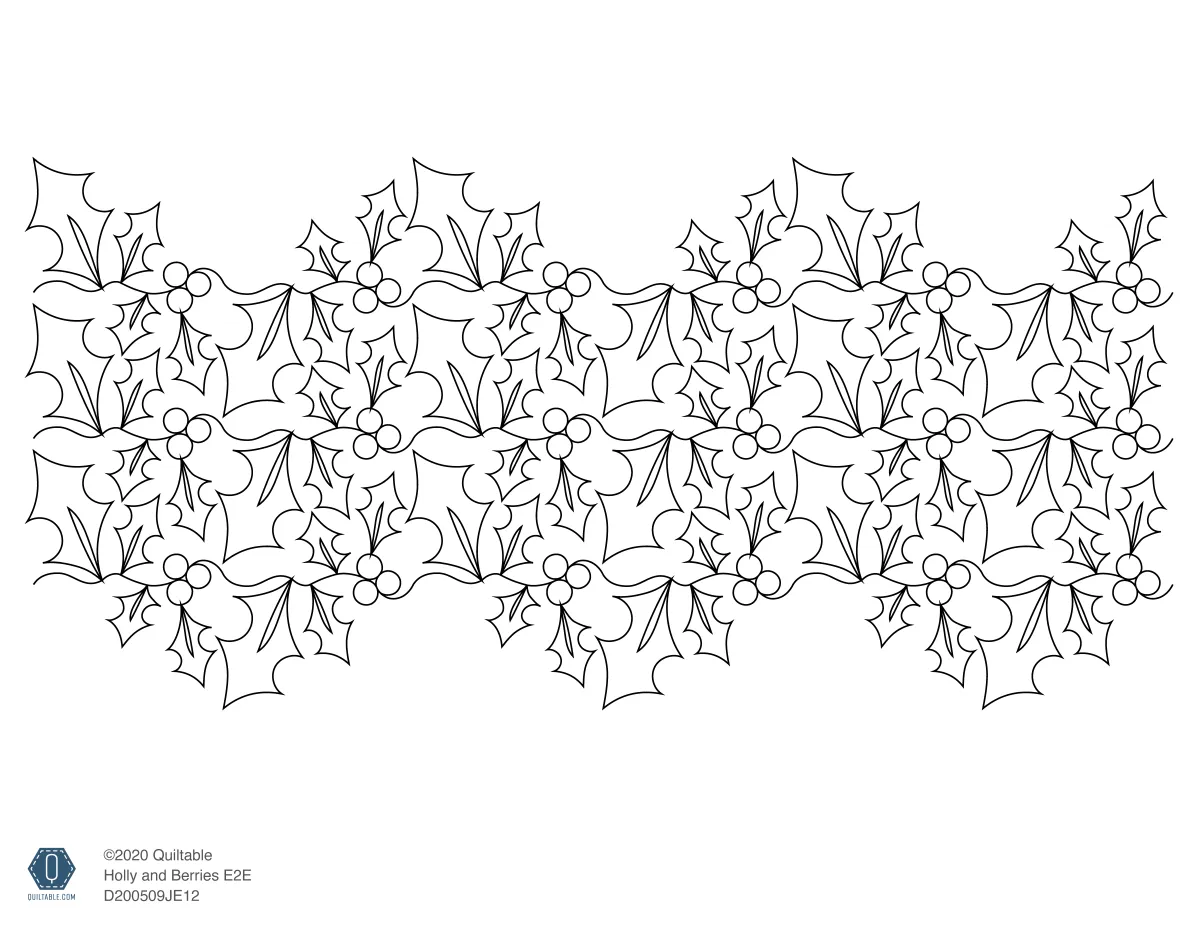 Holiday quilting design with holly leaves in several sizes and berry clusters on alternating sides of a wavy line.
