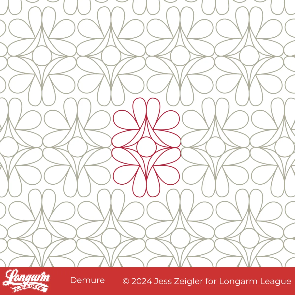 Modern quilting design with circle surrounded by graphic four-pointed star, surrounded by loops suggesting a graphic blossom shape.