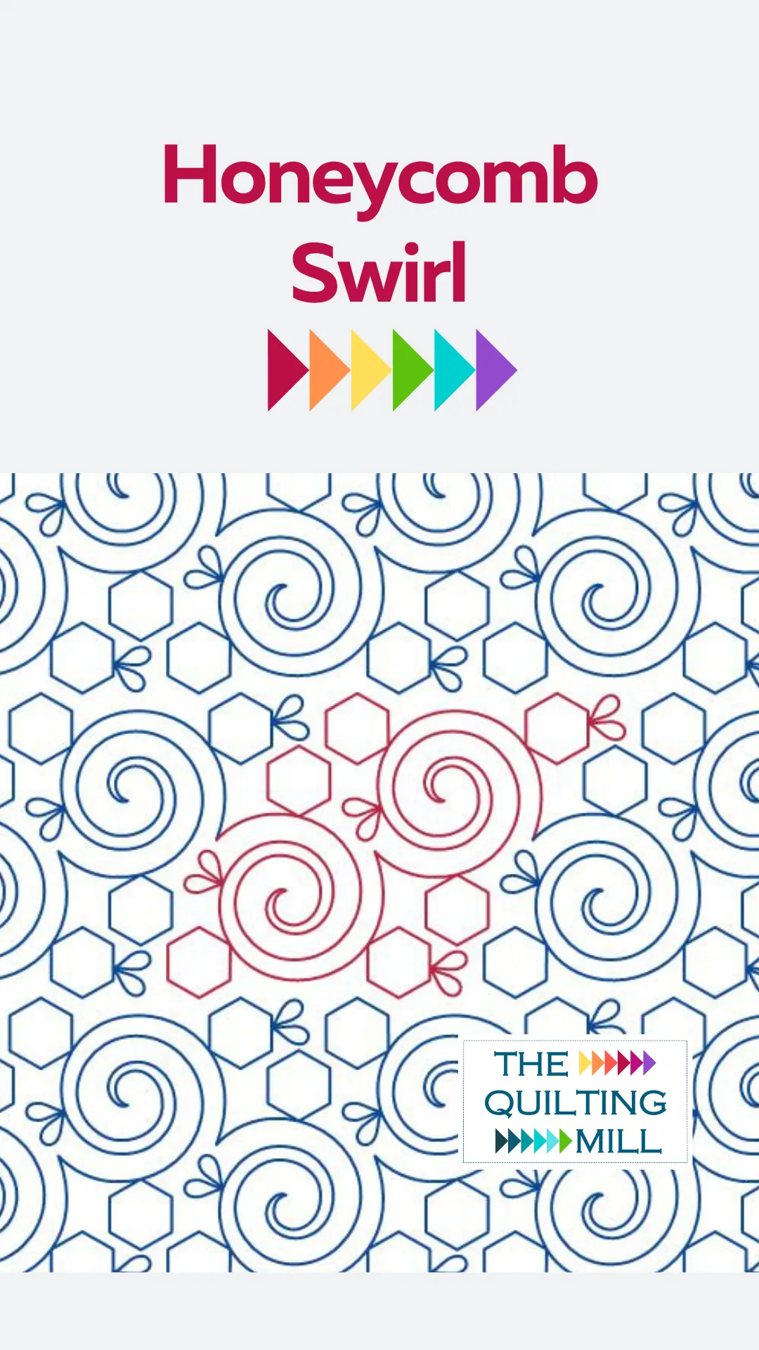 Whimsical quilting design with connected swirls surrounded by hexagons and loops suggesting bee wings