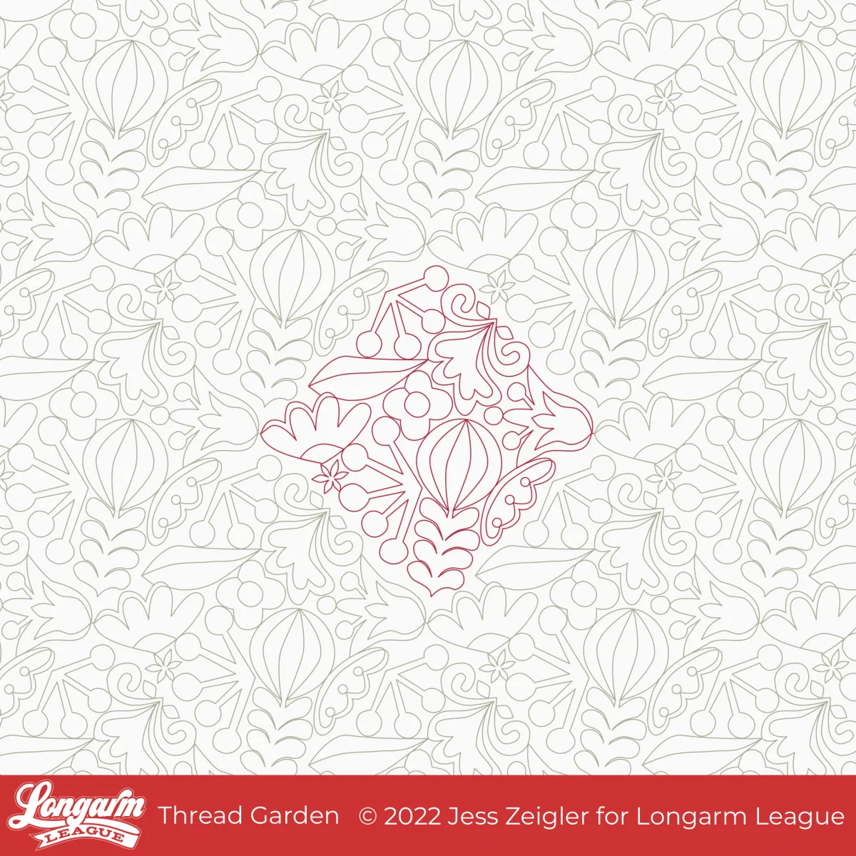 Organic quilting design with whimsical floral motifs in an open on-pointe square shape.