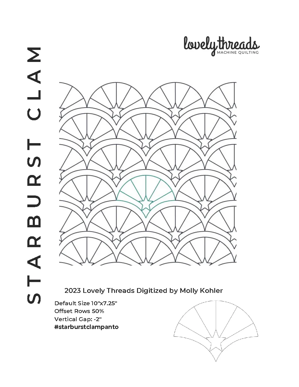 Whimsical quilting design with clamshell shape with lines coming from the points of a five-pointed star in the tip of the clamshell.