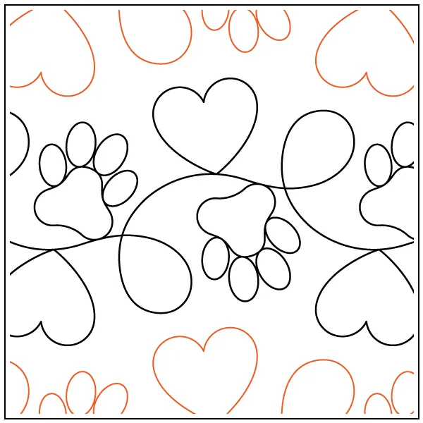 Whimsical quilting design with animal paws alternating with hearts along a looping wavy line.