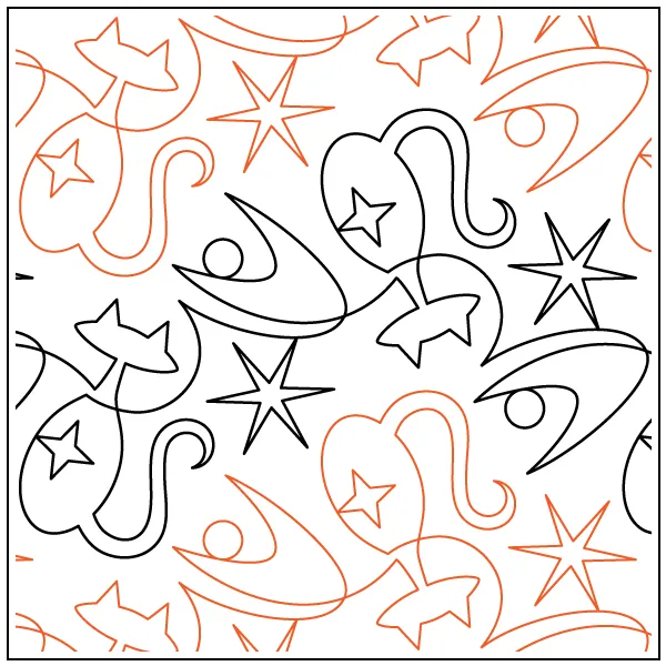 Whimsical quilting design with cats with mid-century modern shape surrounded by four-pointed stars.