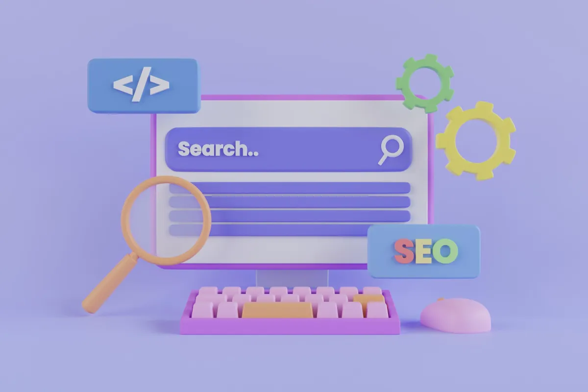 3D illustration of a search engine interface with SEO, coding, gears, and a magnifying glass, representing website optimization and digital marketing.